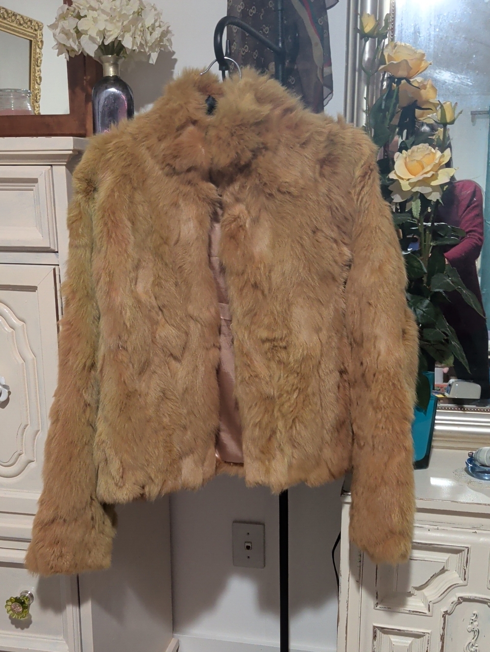 Vintage Women's camel/tan genuine rabbit fur short jacket